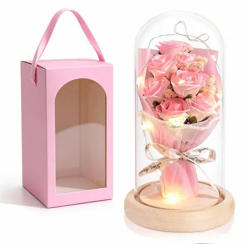 Rose Flower Lamp, Eternal Rose Night Light with Wooden Base, Romantic Home Decoration, Handmade Gift for Girlfriend, Anniversary Gift