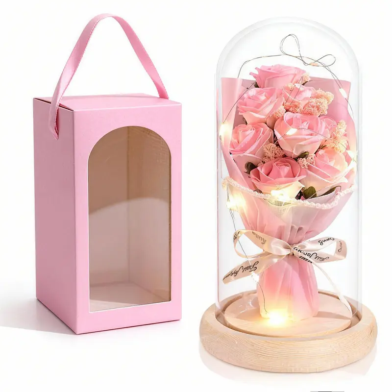 Rose Flower Lamp, Eternal Rose Night Light with Wooden Base, Romantic Home Decoration, Handmade Gift for Girlfriend, Anniversary Gift