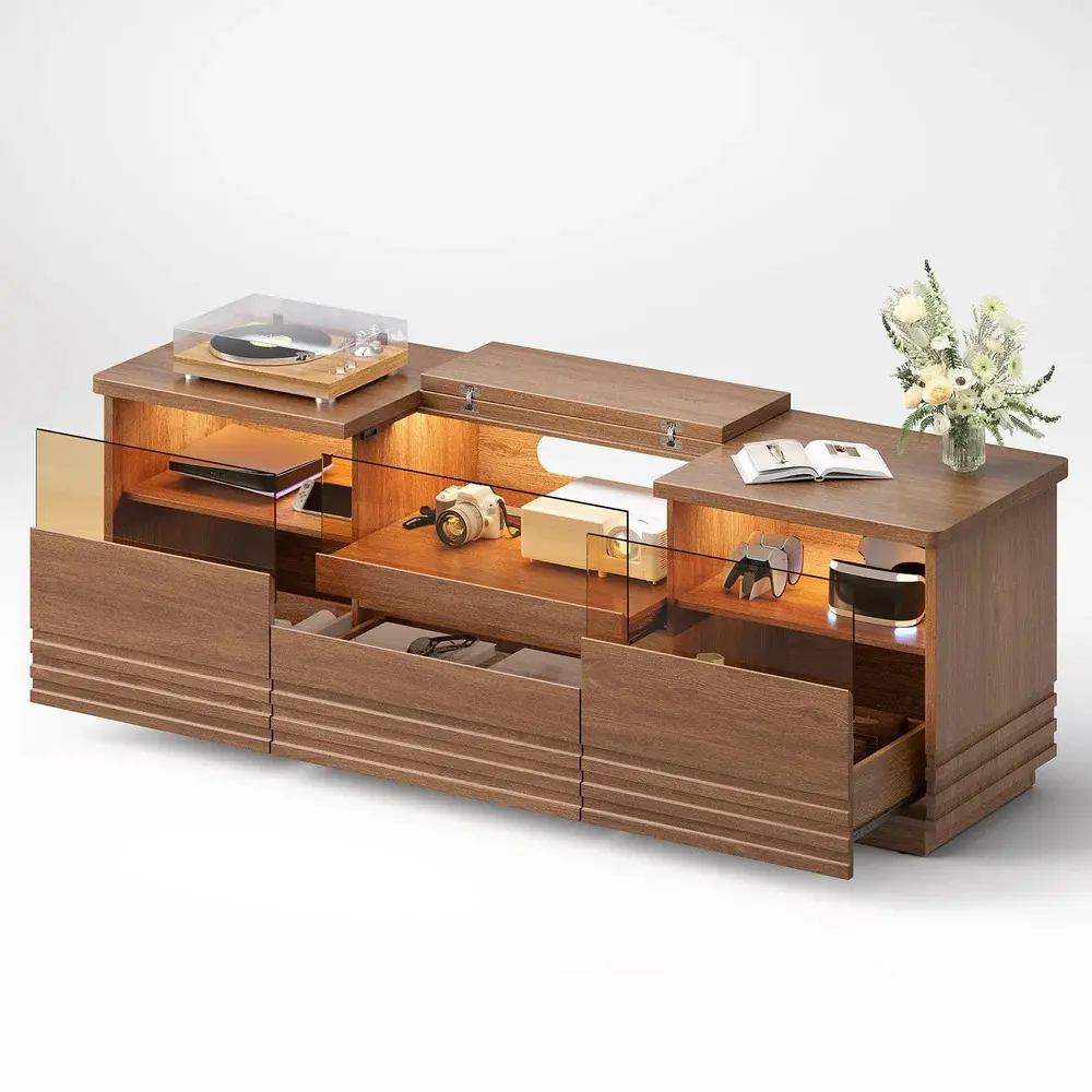 SIKAIC Mid-Century Modern Fluted Walnut Wood TV Stand - Walnut Brown LED Lighting Entertainment Center with Storage Cabinets, Projector Platform for Living Room Watch Party & Collectibles Display,dorm essentials,home decor