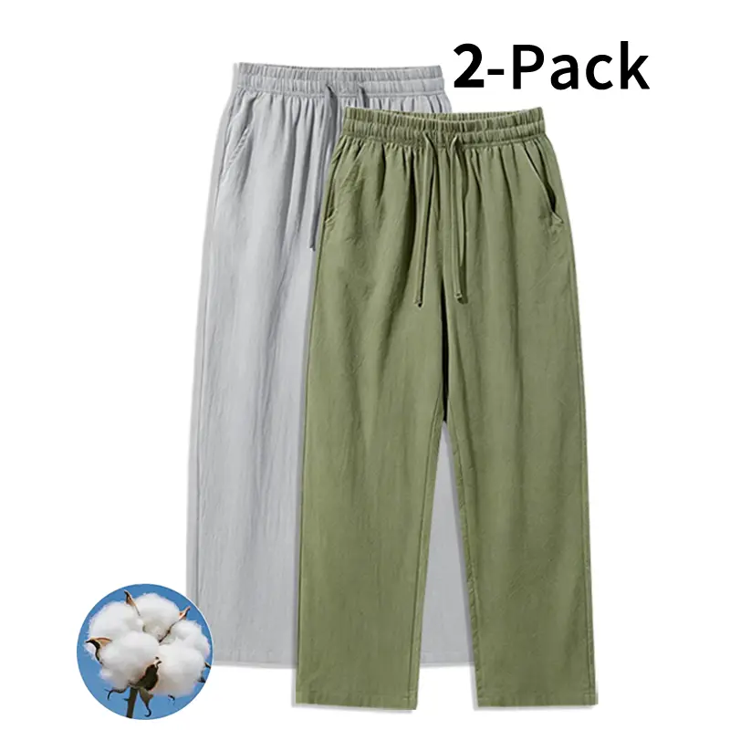 Men's Casual Pants, 2 Pack Linen-Feel Cotton with Adjustable Drawstring, Lightweight and Wrinkle-Resistant for Everyday Wear, Trouser, Menswear, Adjustable Drawstring Pants, Baggy, Casual Comfy Elastic, Wrinkle-Free, Holiday