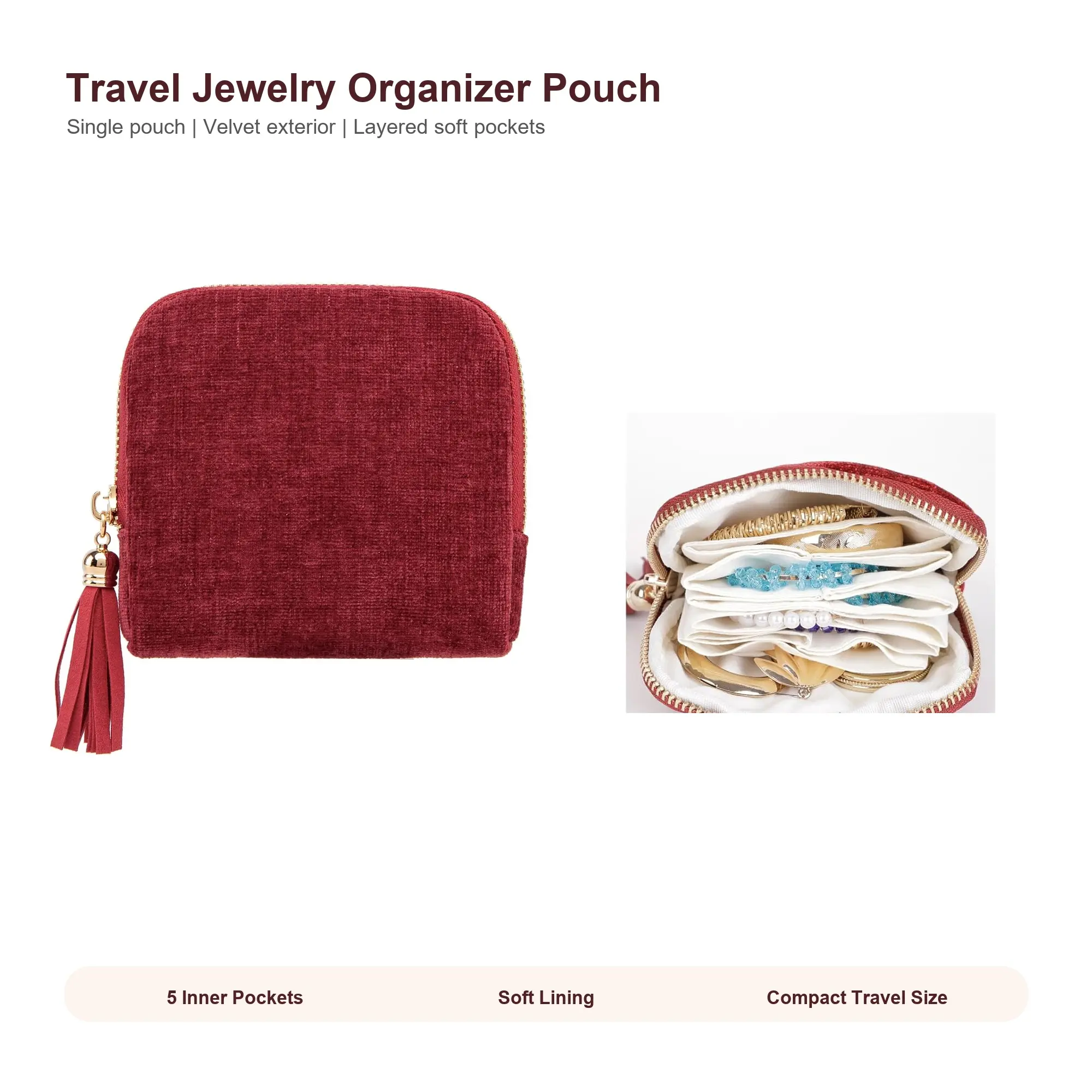 Portable Velvet Jewelry Travel Case, Mini Zipper Jewelry Pouch with Tassel, Multi Pocket Jewelry Storage Bag, Small Travel Organizer for Bracelets, Necklaces, Earrings, Rings, Women Gift for Daily & Trip Use
