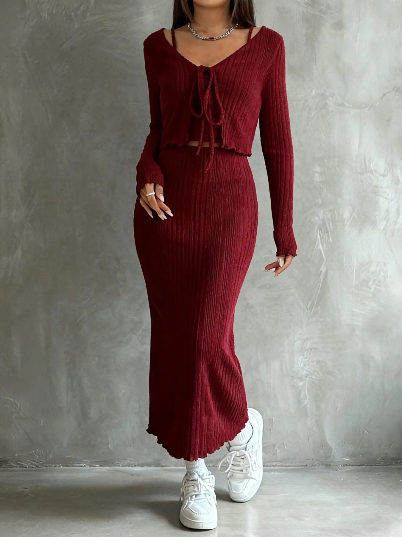 Autumn Winter Casual Plain Solid Slim Fit Dress + Loose Belted Knitted Cardigan Two-Piece Set Outfit, Elegant Simple Style, Minimalist, Women's Fashion