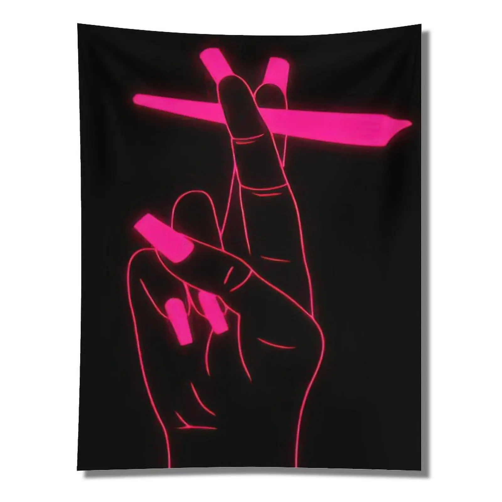 Pink Neon Line Art Long Nails Hand Minimalist Black Background Wall Tapestry Wall Hanging, Y2K Girly Aesthetic Teen Room Decor Ornament