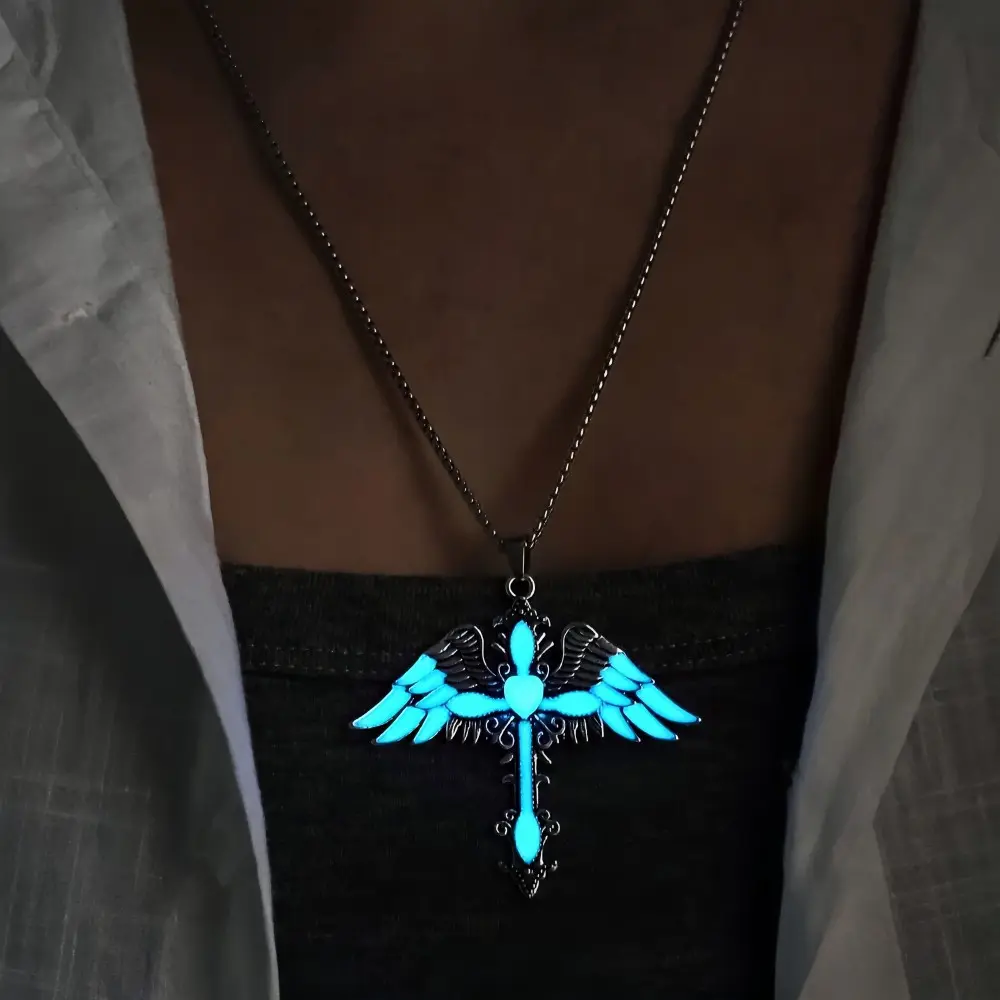 Cross Wing Luminous Pendant Necklace, Eco Plated Anti-Allergy Titanium Steel Chain Glow In Dark Neck Jewelry For Men Women Street Fashion birthstones y2k accessories streetwear statement dainty heart name fall deal adjustable gold vacuum jew lery