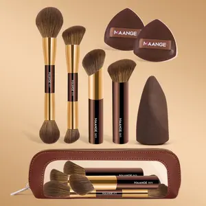 Maange 7-Piece Cosmetics Makeup Tool Set with 4 Aluminum Tube Face Brushes + 3 Powder Puffs + Cosmetic Bag, Metal Frame, No Battery Included