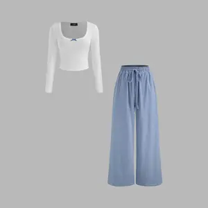 Cider [size 2-10] Cotton-blend Square Neck Bowknot Top & High Rise Striped Knotted Wide Leg Trousers Set