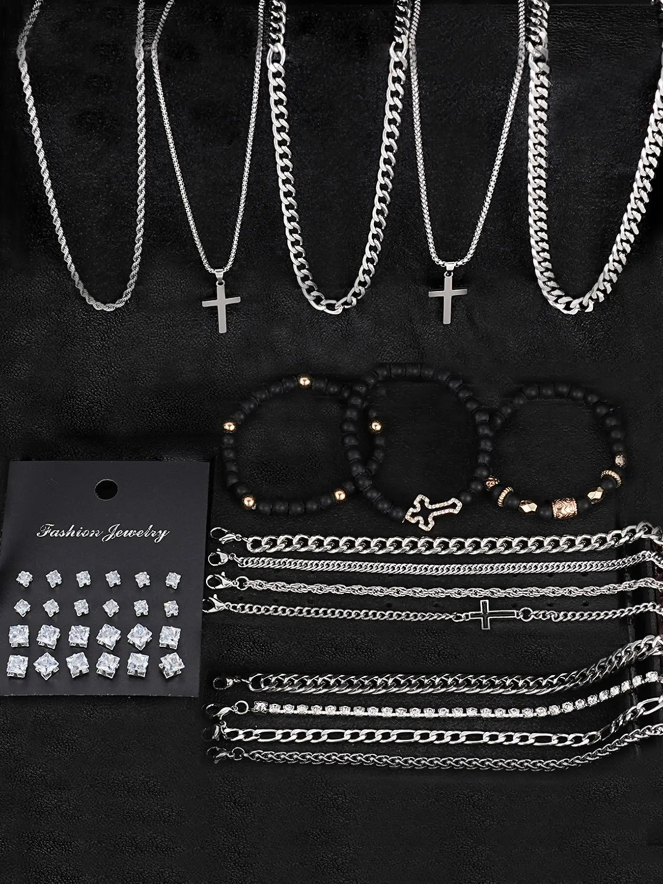 40-Piece Jewelry Set, Casual Hip-Hop Style, Stainless Steel, Cross Necklace, Beaded Bracelet, Geometric Zircon Earrings, Gift for Couples, Necklaces Set, Fashionable Jewelry Set