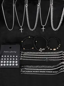 40-Piece Jewelry Set, Casual Hip-Hop Style, Stainless Steel, Cross Necklace, Beaded Bracelet, Geometric Zircon Earrings, Gift for Couples