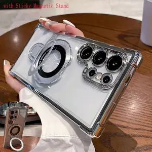 Electroplated Phone Case with Four Corners Air Cushion Anti-drop Clear Soft TPU Shockproof Protective for Samsung Galaxy S26 Ultra S25 S24 Plus S23 FE S22 with Sticky Magsafe Compatible Stand