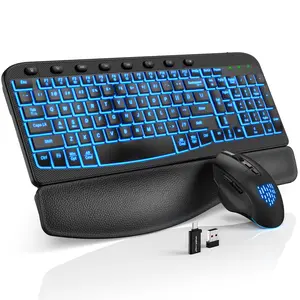 SABLUTE MA12Pro Ergonomic Wave Keyboard & Mouse Set - Wireless, Leather Wrist Rest, 7 RGB Backlights, USB-C Charging, Dual System Layout, Bulletproof Keys(non-bluetooth)