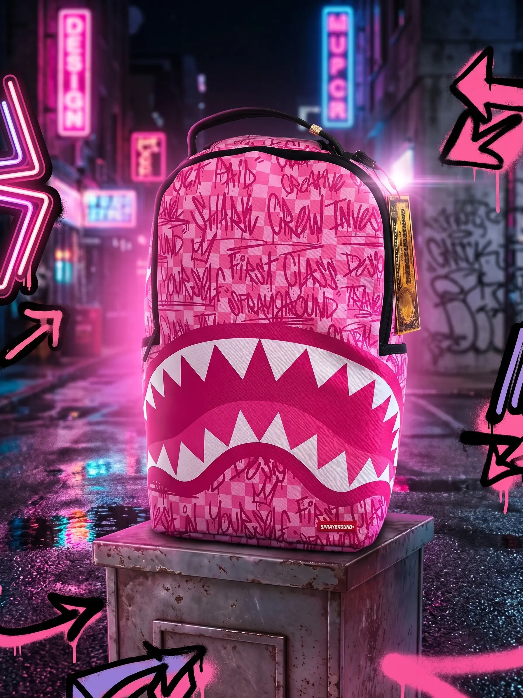 SG Shark-Mouth Backpack, Pink Checkerboard Graffiti Streetwear Daypack, Spacious Durable Unisex Laptop Bag for School Travel