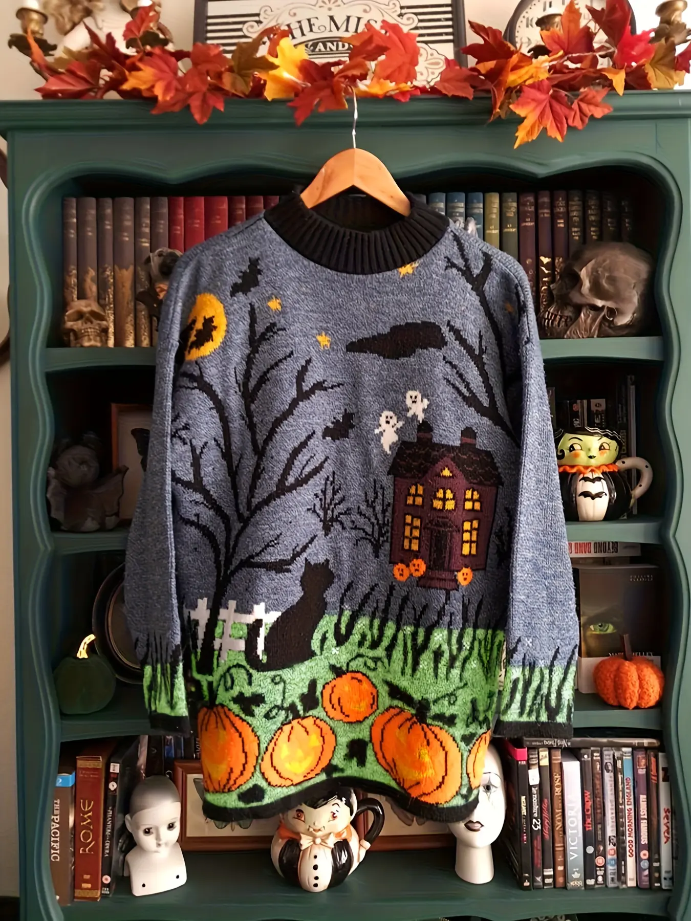 Halloween Theme Festive Vintage Casual Knitted Sweater, Haunted House Cat Pumpkin Ghost Jacquard Loose Pullover, Festival Atmosphere Unique Design Top Knitwear