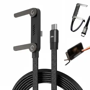 Invisible Holder Charger Cable with Stand 240W Super Fast Charging 2-in-1 Fast Charging Cord & Phone Stand for Gaming Office Car Travel Type-C Charging Cable Black