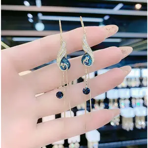 Chinese-style fashionable blue peacock ear thread earrings, long phoenix tassel earrings -HN321-11