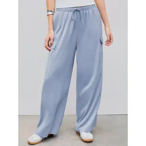 Cider [2 colors, size 2-26] Satin Mid Waist Solid Cargo Drawstring Wide Leg Trousers