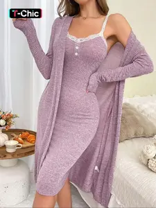 Women's Solid Color Lace Trim Cami Nightdress & Open Front Long Sleeve Robe Loungewear, Elegant Comfy Pyjama Set for Women, Women's Sleepwear for Fall & Winter, Homewear, Nightgown Gifts