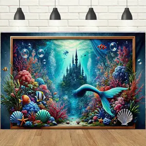 1pc 2D Dreamy Underwater Mermaid Theme Banner, Coral Castle & Mermaid Tail with Light Effects, Fantasy Romantic & Ocean Vibe, Perfect for Ocean Themed Parties, Mermaid Events & Summer Pool Parties Decor Backdrop