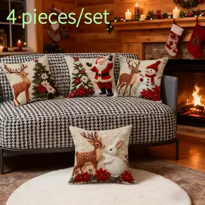 Festive 4-Piece Christmas Throw Pillow Set with Santa Reindeer & Bunny Decorations Short Plush Pillows for Festive Parties and Everyday Use
