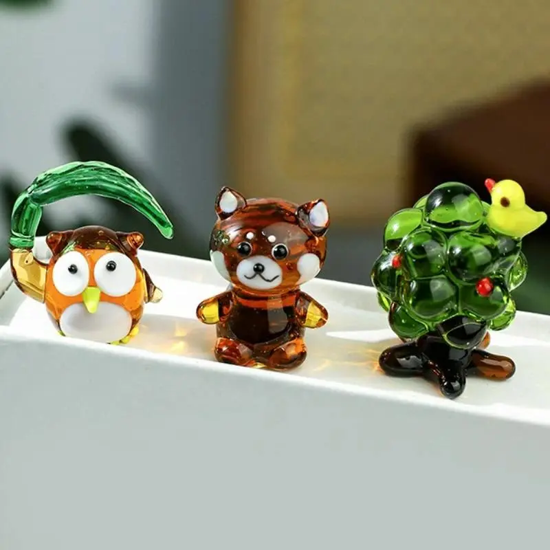 Japanese-Style Mini Glass Animal Ornaments, Cute Forest Owl Deer Tiger Figurines, Glass Home Decor Accessories for Home Improvement & Garden Decor