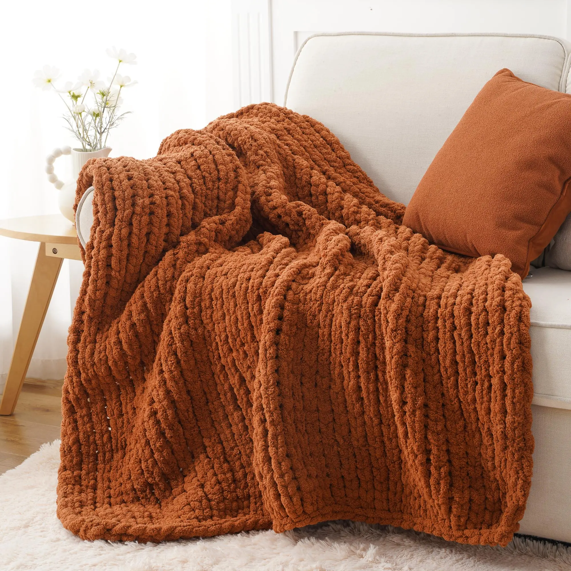 Battilo I Handmade Chunky Knit Throw Blanket - Premium Chenille Yarn, Plush Rope Knot Design, 50"x60" Durable for Repeat Use, Cozy Room Decor for Couch, Living Room & Aesthetic Home Soft Furnishing, Living Room Decor