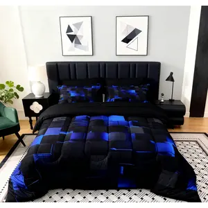 3PCS Super Soft Fashion Sense Of Technology Grid Thickening Quilt Set(1 comforter + 2 pillowcases, pillow inserts not included), containing 180g quilted filling, geometric plaid soft and comfortable printed bedding set, suitable for home and dorm deco