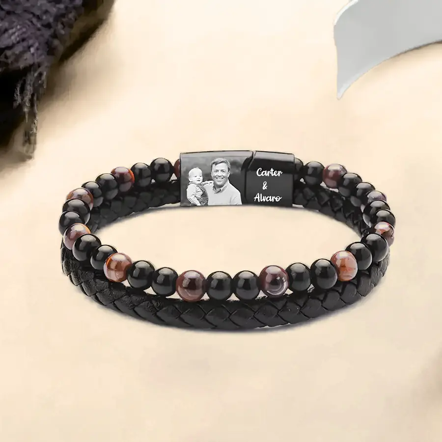 Personalize Men Photo Bracelets with Beads 2 Names