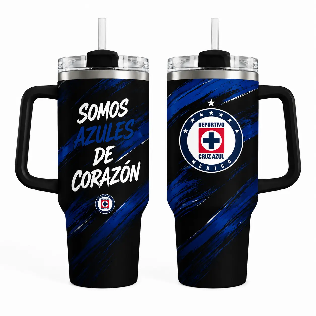 Cruz Azul Campeones 40oz Tumbler with Handle & Straw, Deportivo Cruz Azul Mexico Fan Gift, "We Are Blue at Heart" & "Blue Is My Destiny" Design, Insulated Stainless Steel Travel Mug Set, Soccer Team Merchandise Cup