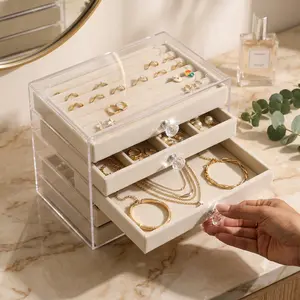 Aesthetic Clear Acrylic Jewelry Organizer Box with 5 Velvet Drawers, Dustproof Earring Ring Display Case, Transparent Vanity Storage Holder, Stackable Jewelry Tray Cabinet for Necklace Bracelets, Ultimate Room Decor Gift for Women Girls pouch rack,
