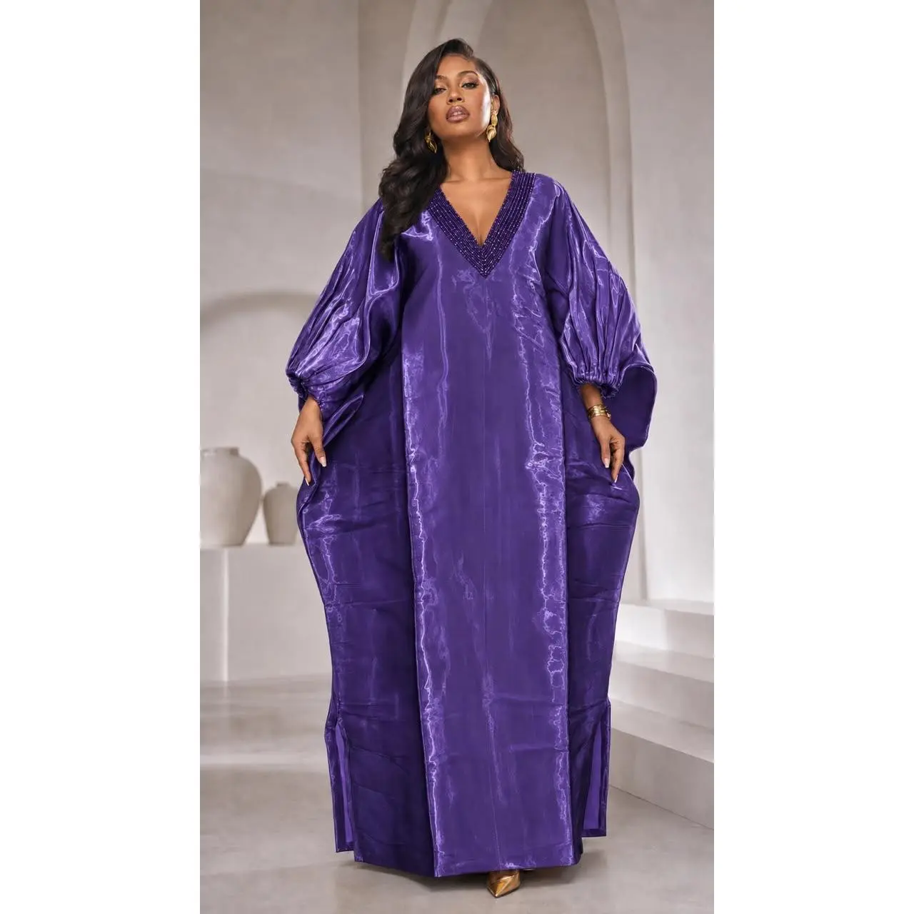 Women's Islamic Modest African Achalugo Boubou Kaftan - Luxury Silk Elegant Wedding Maxi Dress, Long Sleeve, Minimalist V-Neck, Embellished Neckline, Loose Silhouette, Church/Cultural Events Wear