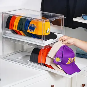 2-4 Pack Hat Organizer for Baseball Caps, Clear Hats Holder Box with Drawer, Large Cap Storage with Sliding Tray, Stackable Rack Display Case with Magnetic Door, Each Holds 12 Hats, Stackable Home Organizer