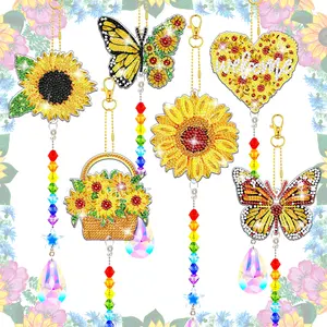 6-Piece Sunflower DIY Diamond Painting Wind Chime Set, Butterfly Diamond Art, Party Hanging Decor, Garden Ornament, 5D Diamond Art Kit, Decorative Hanging Piece