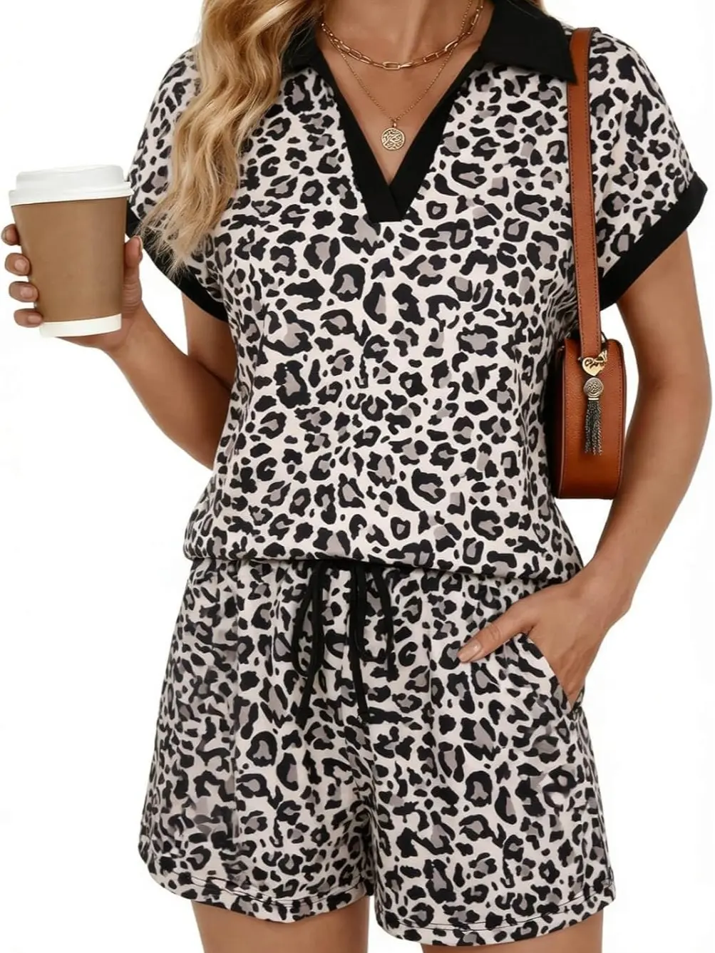 Yousify Women's Cute 2 Piece Lounge Set, Casual Leopard Print Loose Fit Summer Outfit, Polyester Blend Lapel V Neck Top and Drawstring Shorts, Matching Sets For Women, Cute Two Piece Sets