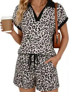 EASORA 2 Piece Sets for Women Cap Sleeve V Neck Lapel Tops and Drawstring Shorts Summer Casual Outfits Loungewear 2026