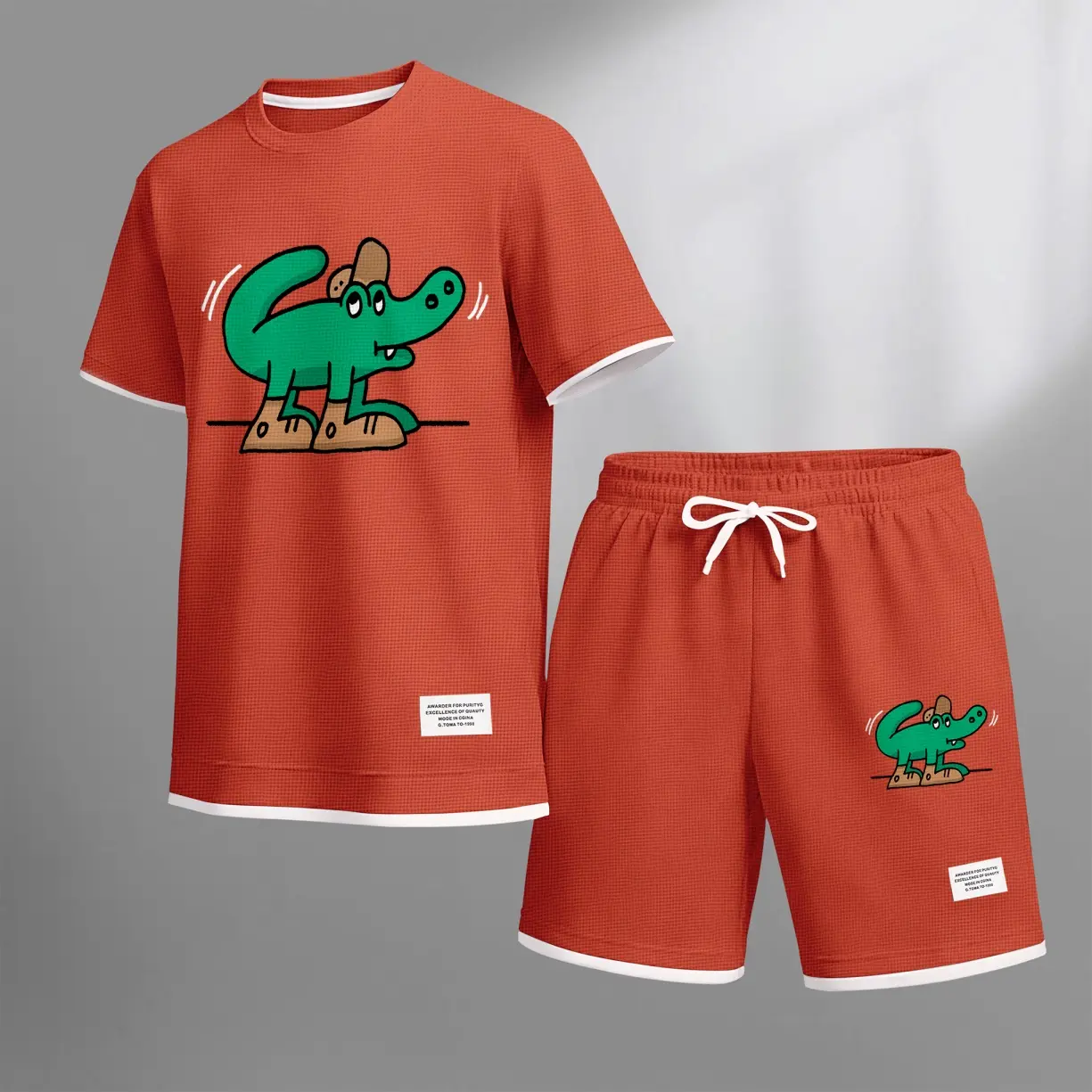 Men's Cartoon Crocodile Print Waffle Fabric Short-Sleeved Shirt And Shorts Set Casual Athletic