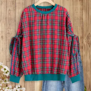 SageVell Plaid Bow Sleeve Sweatshirt Tartan Pullover Holiday Casual Top for Women Fit Everyday Womenswear Style