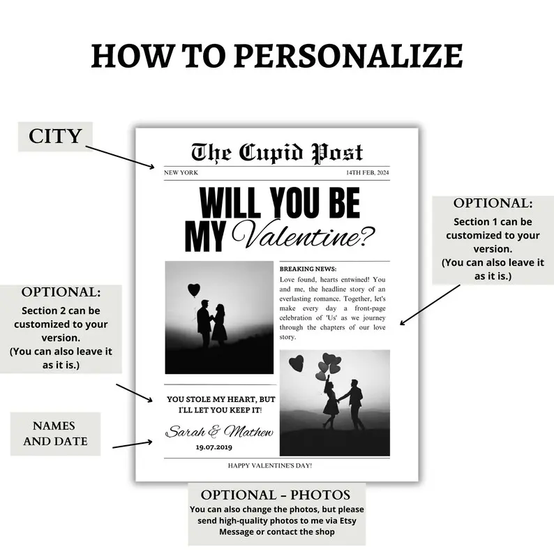 Personalised Valentine’s Cupid Newspaper Poster, Will You Be My Valentine Wall Art Decor Gift