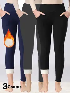 Women's Fall Winter High Waist Fleece Lined Leggings, Sporty Tight-Fit Woven Fabric, Warm & Slimming Design, Fashionable Outerwear Pants, High Waisted Legging