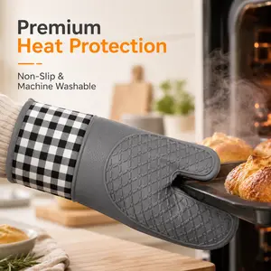 Grey Silicone Oven Mitts with Checkered Cuff, Heat Resistant Non-Slip Baking Gloves for Cooking, Grilling & BBQ - Machine Washable Kitchen Essentials