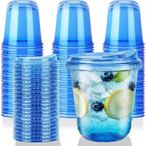12oz Disposable Stemless Glasses With Strawless Sip Lids PET Disposable Drinking Cups Clear Plastic Wine Glasses for Birthday Wedding Meeting Christmas Party Supplies (50, Blue)