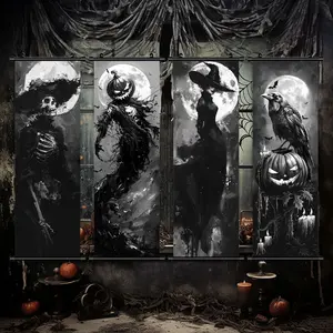 4 Counts Halloween Hanging Banner, Dark Spooky Horror Halloween Art, Halloween Mural And Decorative Posters, Fun Party Decorations, Horror Themes, Living Room, Bedroom, Home Posters, Wall Hanging Backdrop, High Definition, Waterproof, Ideal Gifts