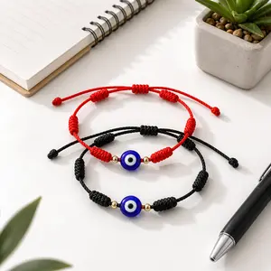 Evil Eye String Bracelet Set, Adjustable 7-Knot Red Black Braided Cord With Blue Nazar Bead, Bracelets For Friendship Gifts & Everyday Style men