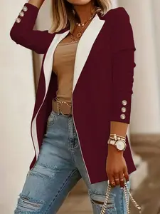 Women's Spring Autumn Long Sleeve Lady Blazer Jacket Button, Loose-Fitting Colorblock Design, Stylish Medium-Length Outerwear for Casual Wear Womenswear Piece