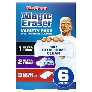 Mr. Clean Magic Eraser Sponge, All Purpose Cleaner, Cleaning Scrubber, Kitchen, Bathroom, Shower, Oven, Cleaning Supplies, Variety Pack with 1 Ultra Thick, 2 Ultra Foamy, & 3 Extra Durable, 6ct