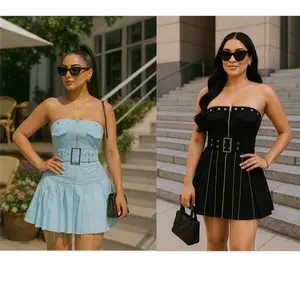 Chic Rockstar Dress With Belt - Pleated Zipper Tube Dress with Rhinestone Detail Eyelet Details Flap Pockets and Belt for Customized Fit