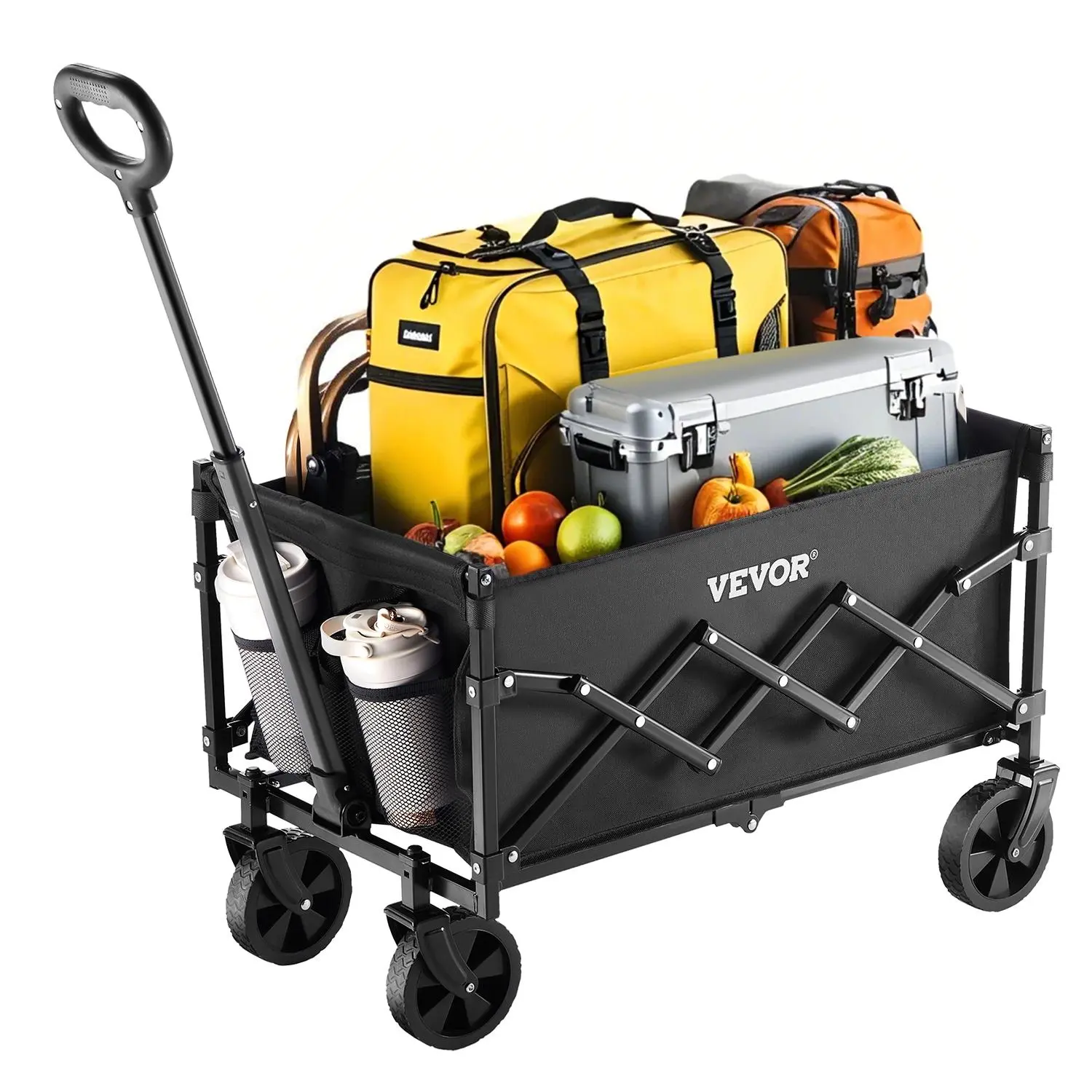 【Summerfinds】VEVOR Collapsible Wagon Carts, Folding Wagons with All-Terrain Wheels, Heavy Duty Outdoor Utility Cart with Adjustable Handle, Portable Camping Cart for Beach Grocery Garden Black