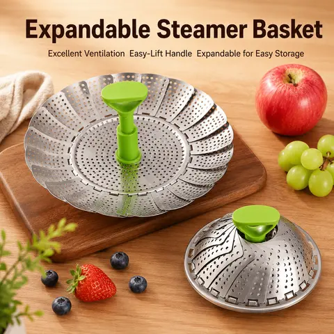 Stainless Steel Foldable Multipurpose Steamer Basket - Camping Kitchenware, Detachable Expandable Size, Easy-Lift Handle, Dense Steam Holes, Fits Various Pots, Functional Fruit & Vegetable Drainer, Modern Outdoor Cooking Accessory