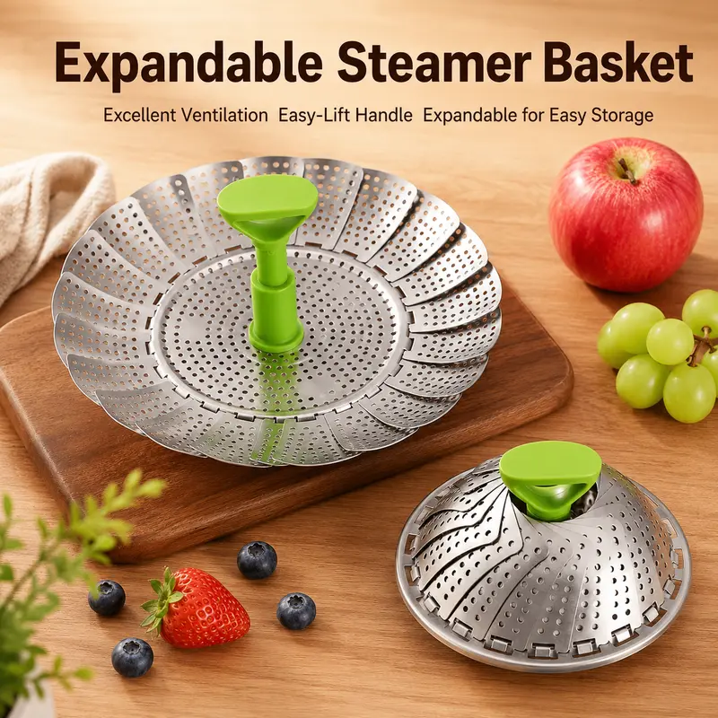 Stainless Steel Foldable Multipurpose Steamer Basket - Camping Kitchenware, Detachable Expandable Size, Easy-Lift Handle, Dense Steam Holes, Fits Various Pots, Functional Fruit & Vegetable Drainer, Modern Outdoor Cooking Accessory