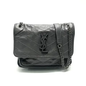 Pre-owned Yves Saint Laurent Pre owend Saint Laurent Crinkled Calfskin Matelasse Monogram Niki Chain Wallet Storm bag