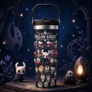 30oz Hollow Knight Aesthetic Insulated Tumbler, TikTok Viral Travel Mug, Car Cup With Handle, Foldable Straw, Leak Proof Stainless Steel Coffee Cup For Gym Office Travel