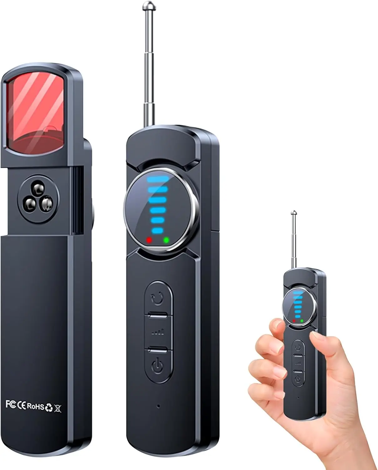 Rechargeable 6-in-1 Hidden Camera Detector - AI Anti-Spy Bug Scanner with RF Signal, WiFi, GPS Tracker & Listening Device Detection, Adjustable Lens, Safety Protection, Portable for Travel, Hotel (Black)